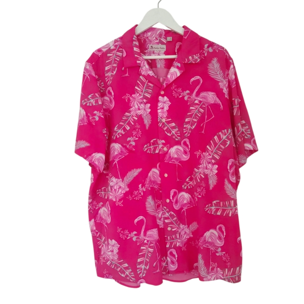 Hawaiian Vacation Pink Flamingo Print Button Down Shirt
